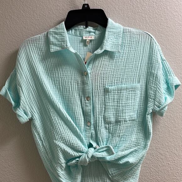 H). Self Esteem Button Down Shirt Short Roll Up Sleeve Teal Blue Medium - Picture 5 of 14
